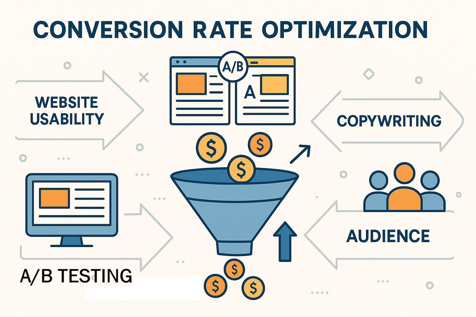 What is Conversion Rate Optimization? Image outlines different elements of CRO including website usability, copywriting, A/B testing and audience response
