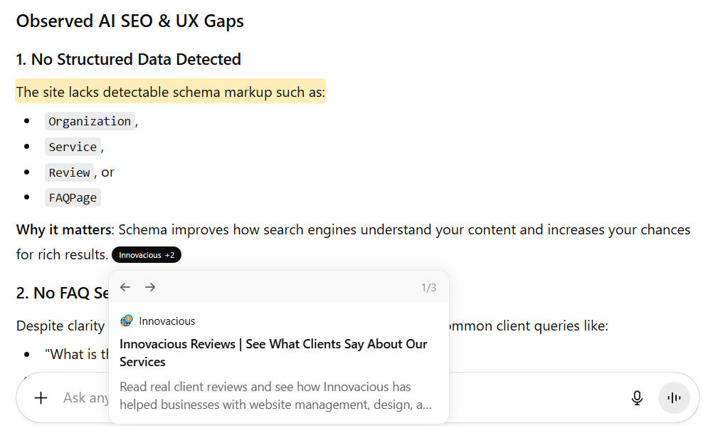 W3 Group Marketing client already being cited as a source in ChatGPT search about a completely different company